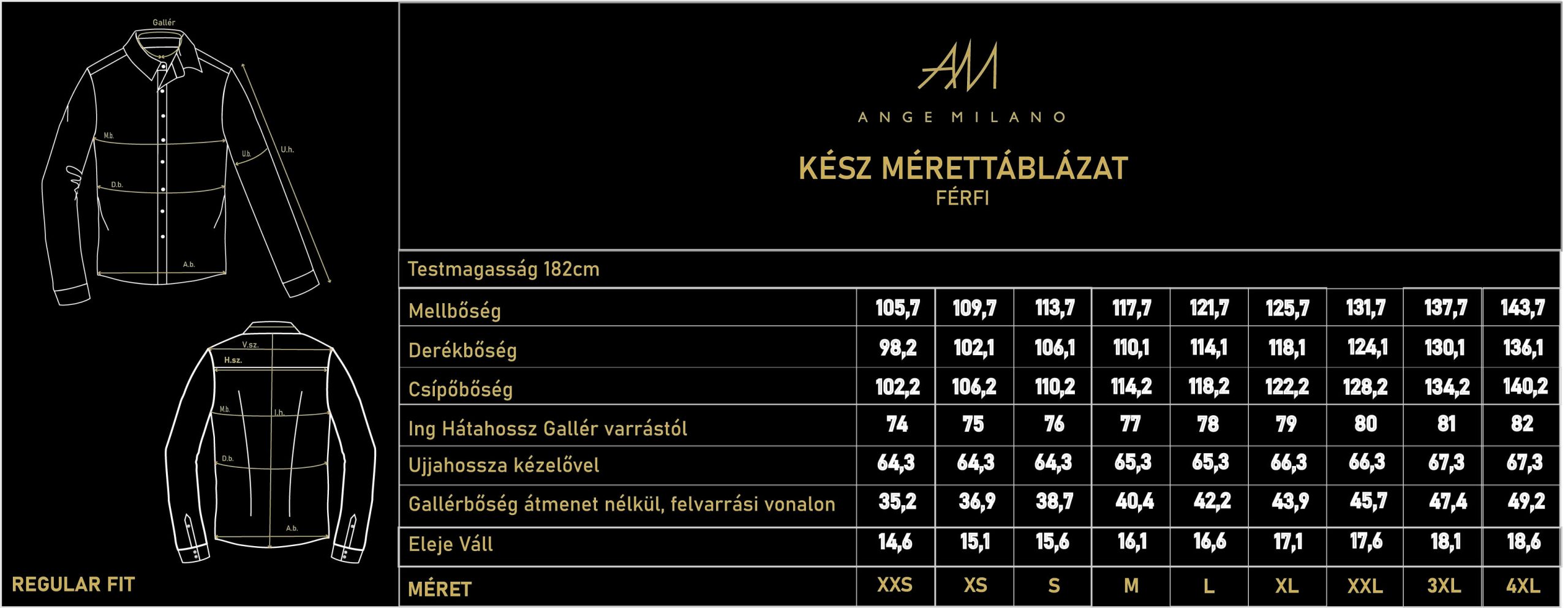 AM Regular Fit Férfi Ing Kész Mérettáblázat