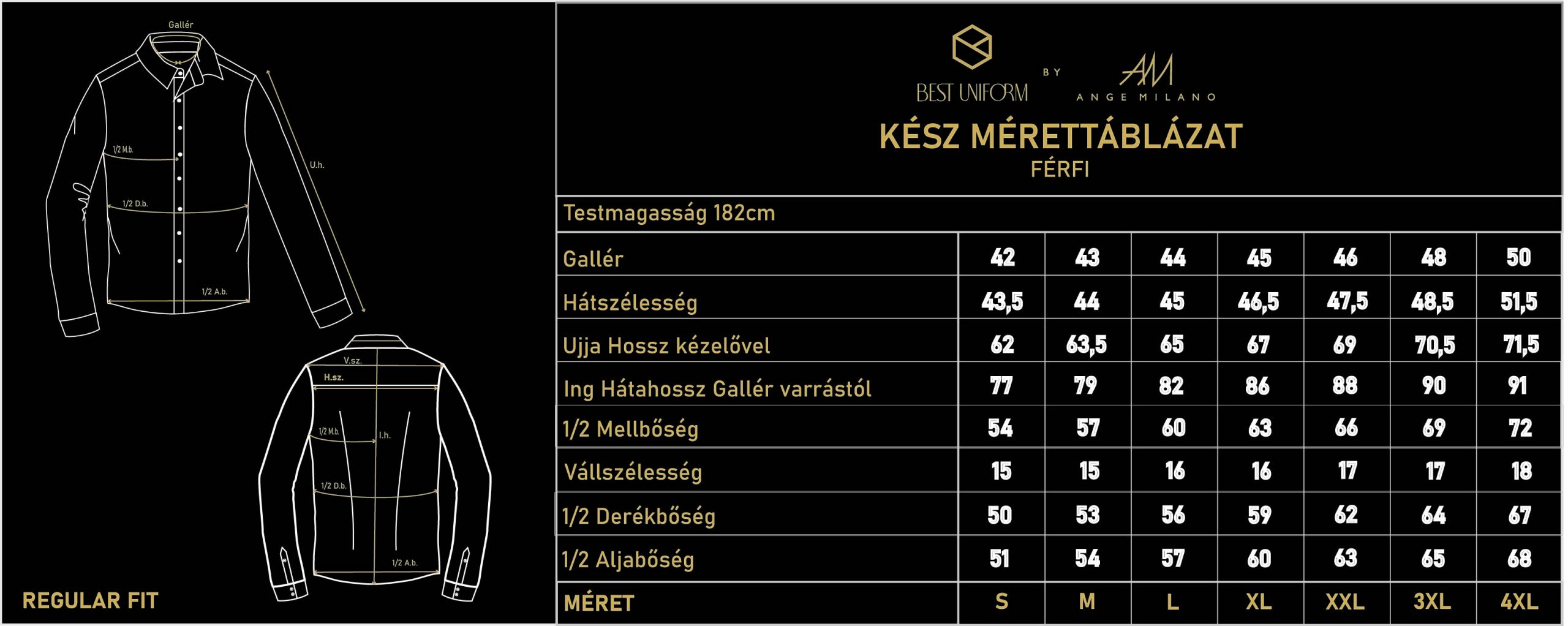 BU Regular Fit Férfi Ing Kész Mérettáblázat