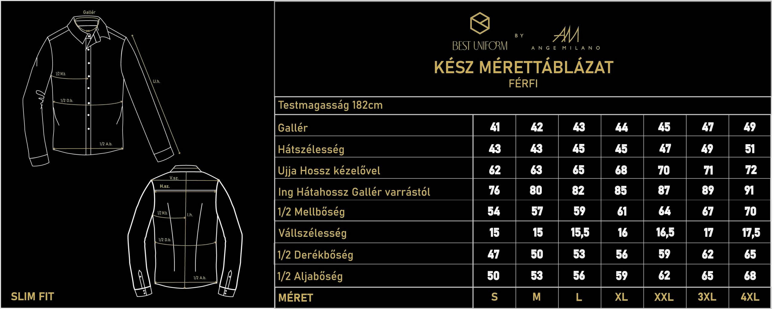 BU Slim Férfi Ing Kész Mérettáblázat